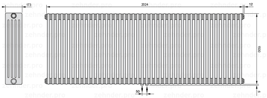 Схема (чертеж) Радиатор Zehnder Charleston 5150/44 №5410 Белый глянцевый RAL 9016